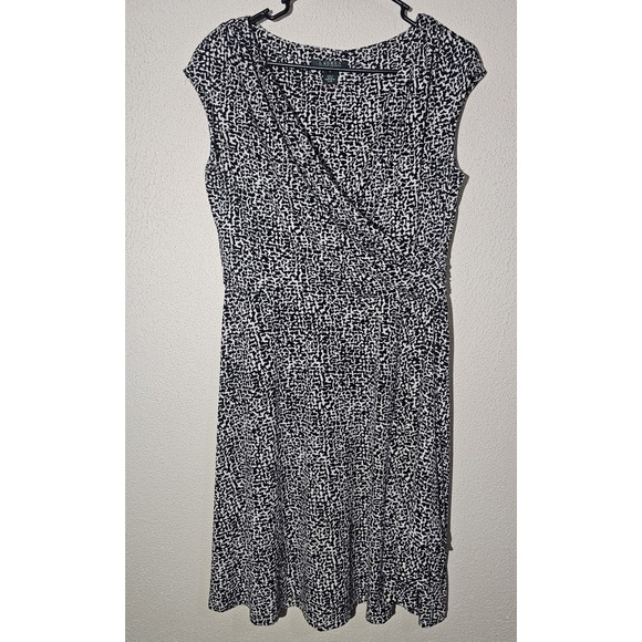 Lauren Ralph Lauren Faux Wrap Midi Dress Classic Black & White Print Flowy Sz 14 - Picture 1 of 13